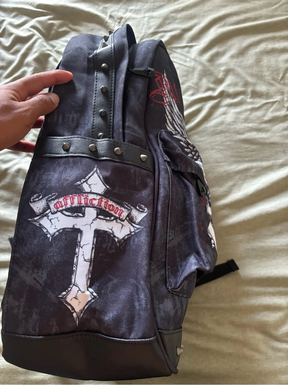 Affliction Black Backpack with White Skull Cross and Red Accents